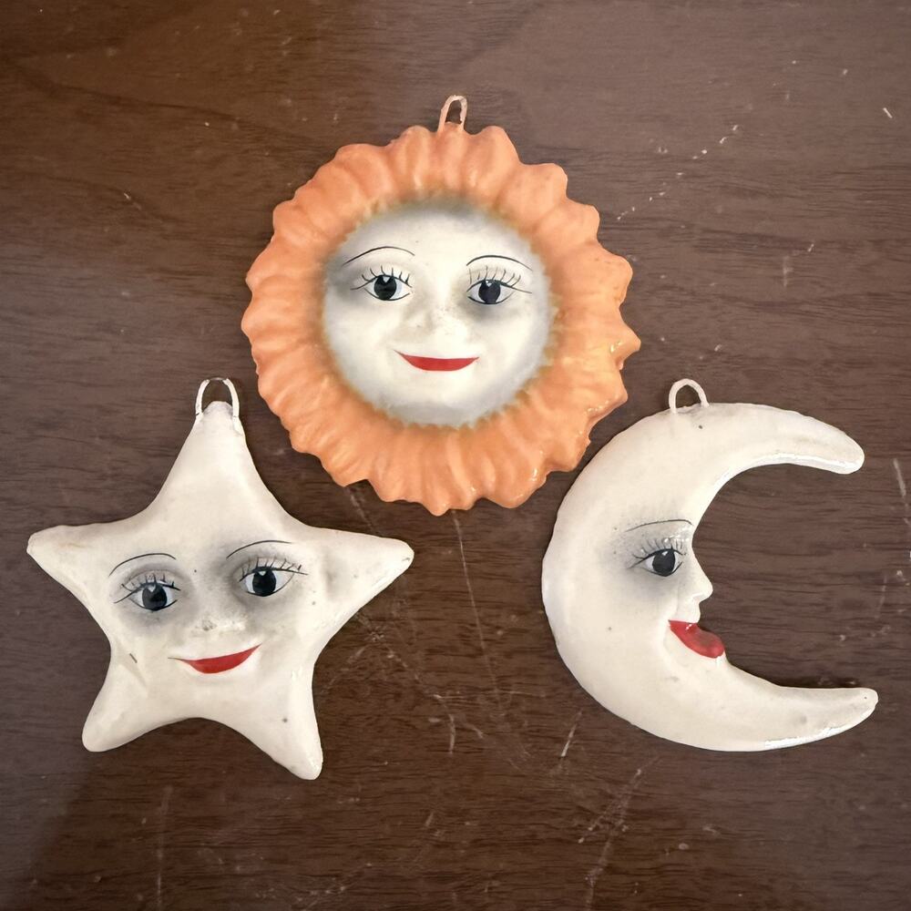 Vintage Celestial Sun, Moon & Star Ceramic Wall Decor Set of 3 Wall Hangings